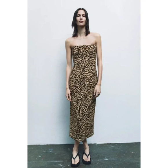 Zara Cheetah Animal Print Classic Strapless Midi Dress L - Picture 1 of 8